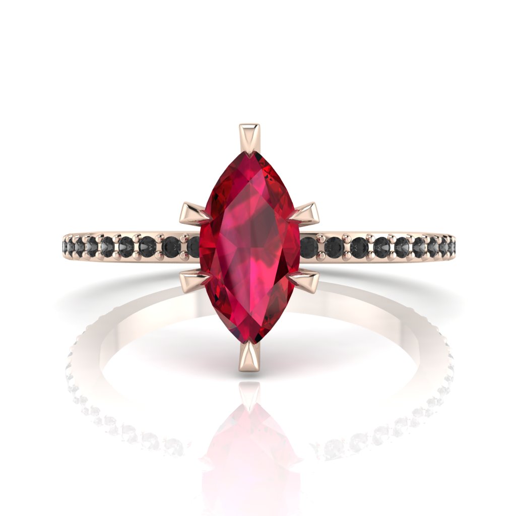 Profile view of the Amoret ruby ring in 18ct rose gold showing the marquise silhouette and grain-set black diamond shoulders.