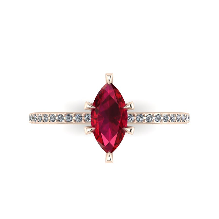 Top-down view of the Amoret ring showing the symmetrical marquise ruby and the sparkle of the brilliant-cut diamond shoulders.