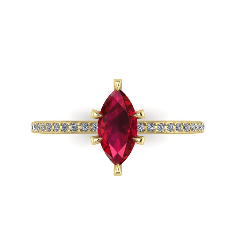 Top-down view of the Amoret ring showing the symmetrical marquise ruby and the sparkle of the brilliant-cut diamond shoulders.