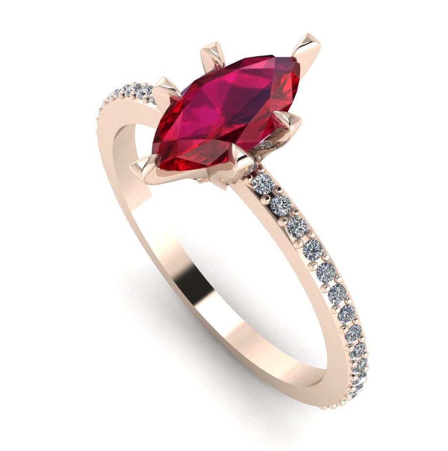 Angled profile view of the Amoret ruby ring in 18ct rose gold showing the elegant marquise silhouette and low-set diamond shoulders.
