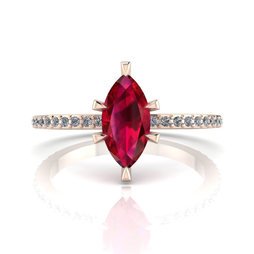 Profile view of the Amoret ruby ring in 18ct rose gold showing the elegant marquise silhouette and low-set diamond shoulders.