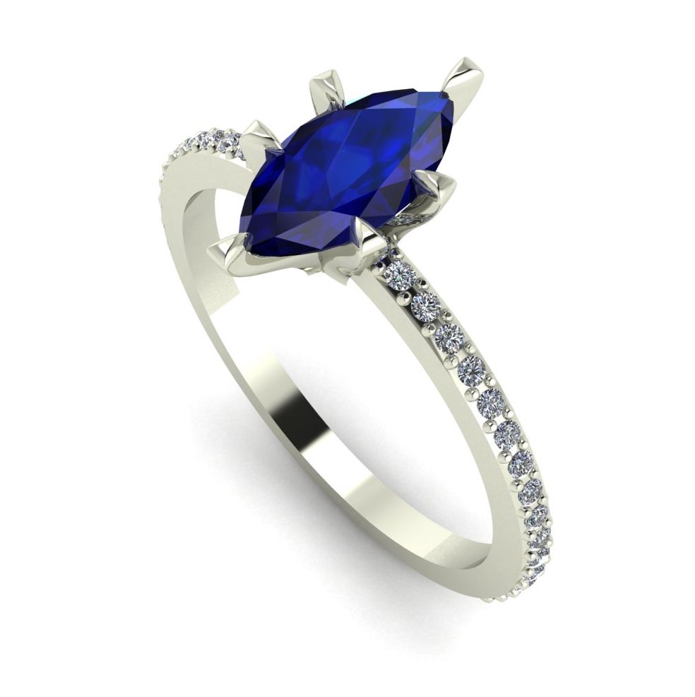 Angled profile view of the Amoret sapphire ring in 18ct white gold or platinum showing the elegant marquise silhouette and grain-set diamond shoulders.