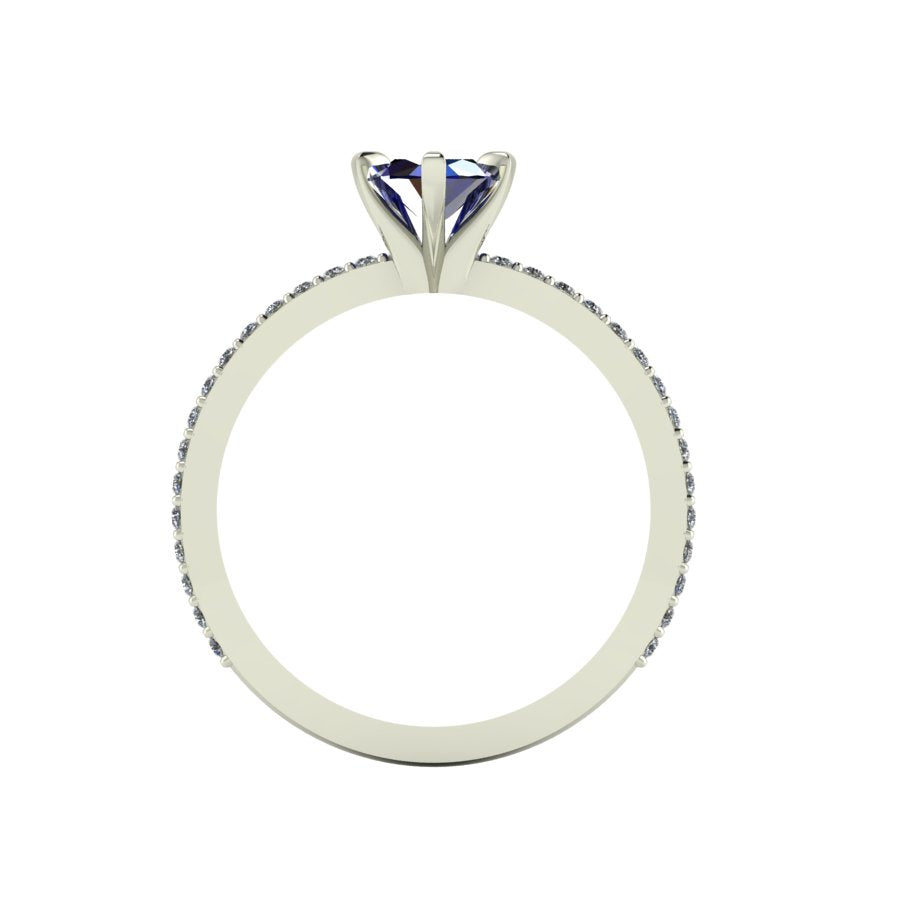 A through-finger view of the Amoret sapphire ring showing the internal band and the clean, architectural setting symmetry in platinum or white gold.