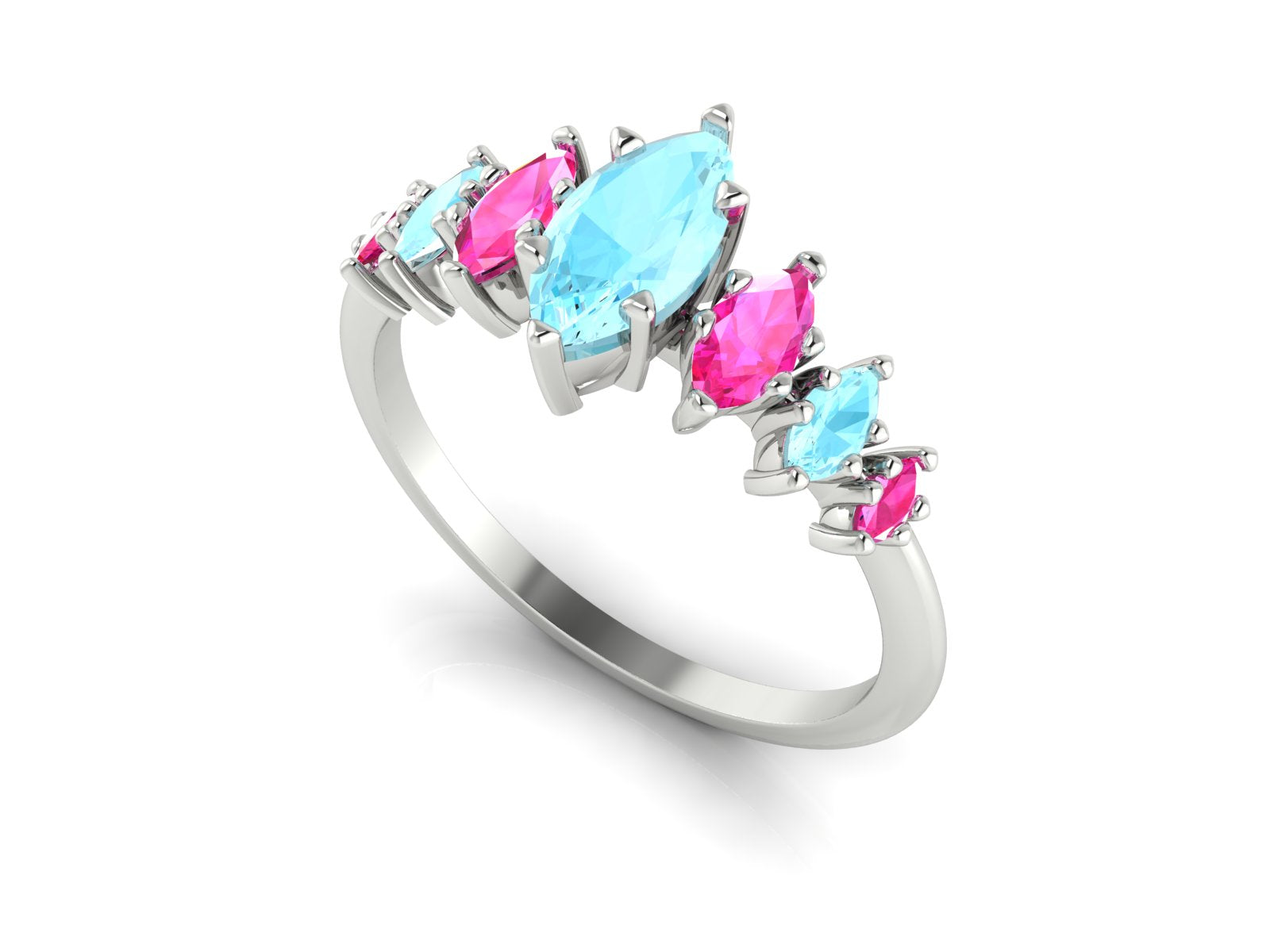 Harlequin Aquamarine & Pink Sapphire Ring in White Gold or Platinum
