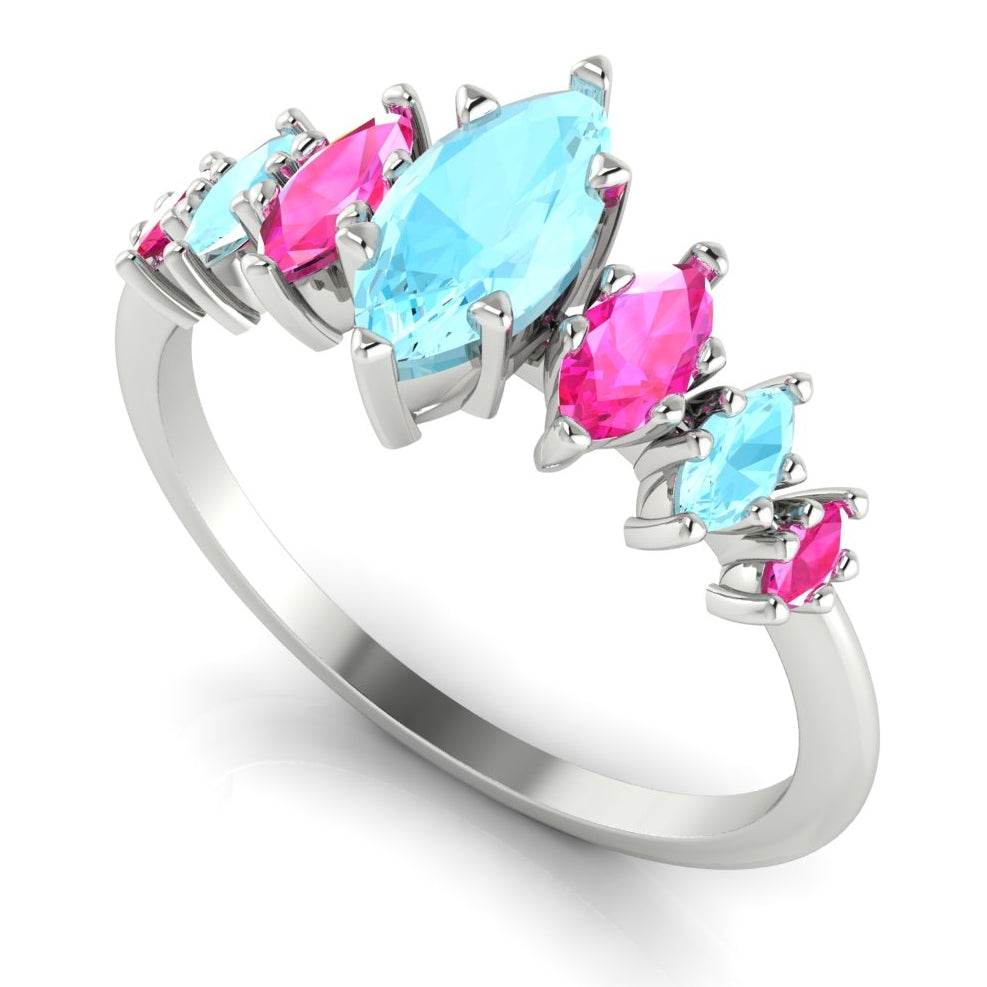 Harlequin Aquamarine & Pink Sapphire Ring in White Gold or Platinum