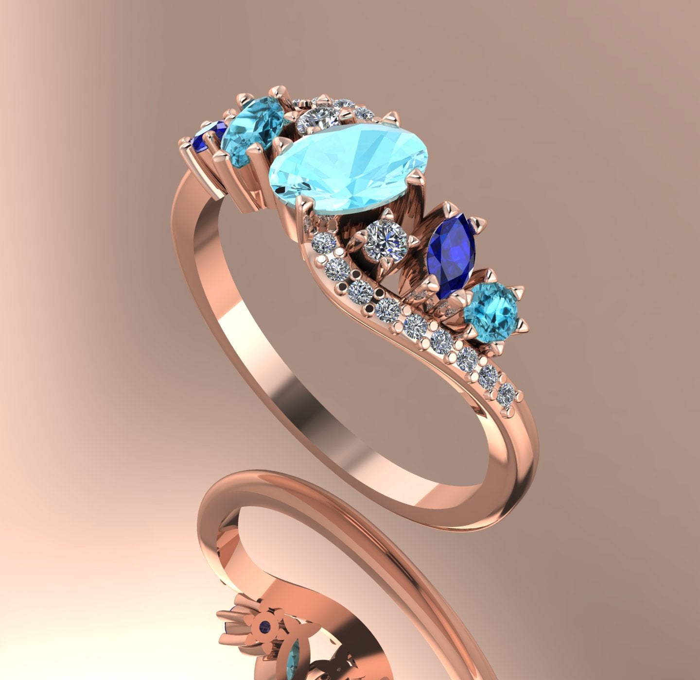 Angled shot showing the wave-inspired 18ct rose gold setting and the intricate cluster of blue gemstones and diamonds. Toned background.