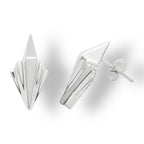 Side profile view of the silver Art Deco earrings showing the depth of the stepped design and the secure post and butterfly back.