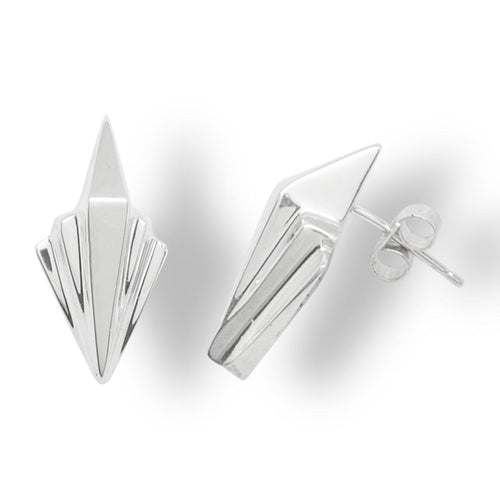 Side profile view of the silver Art Deco earrings showing the depth of the stepped design and the secure post and butterfly back.