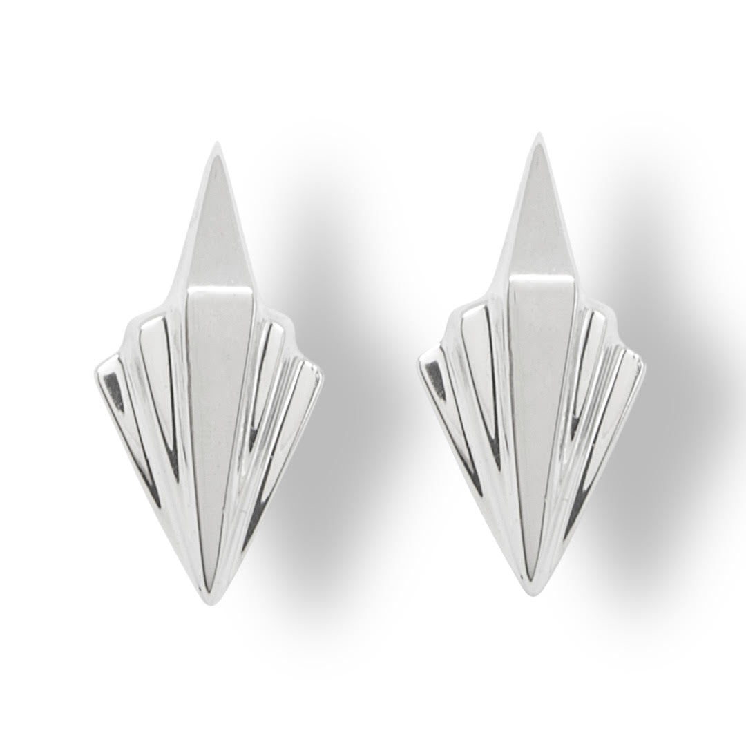 Front view of the Art Deco handmade silver stud earrings showcasing the geometric stepped architectural design.