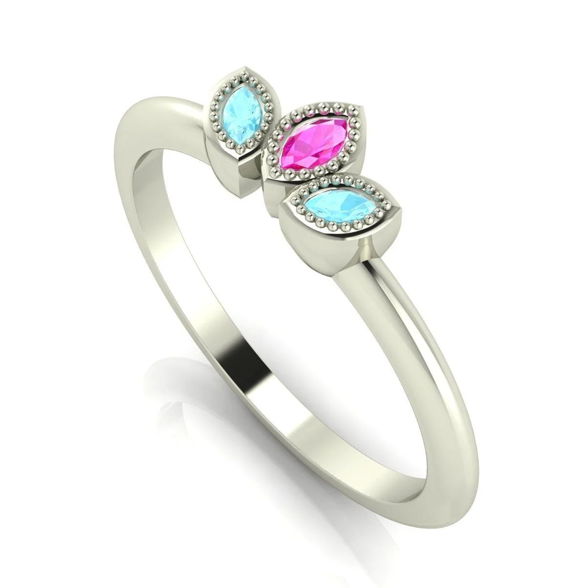 Side profile view of the Astraea Echo ring showing the architectural white gold setting and the depth of the gemstones.