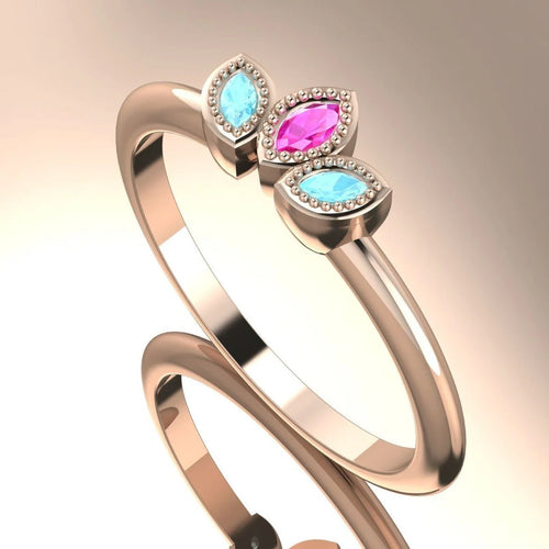 Side profile view of the Astraea Echo ring showing the architectural rose gold setting and the depth of the gemstones.
