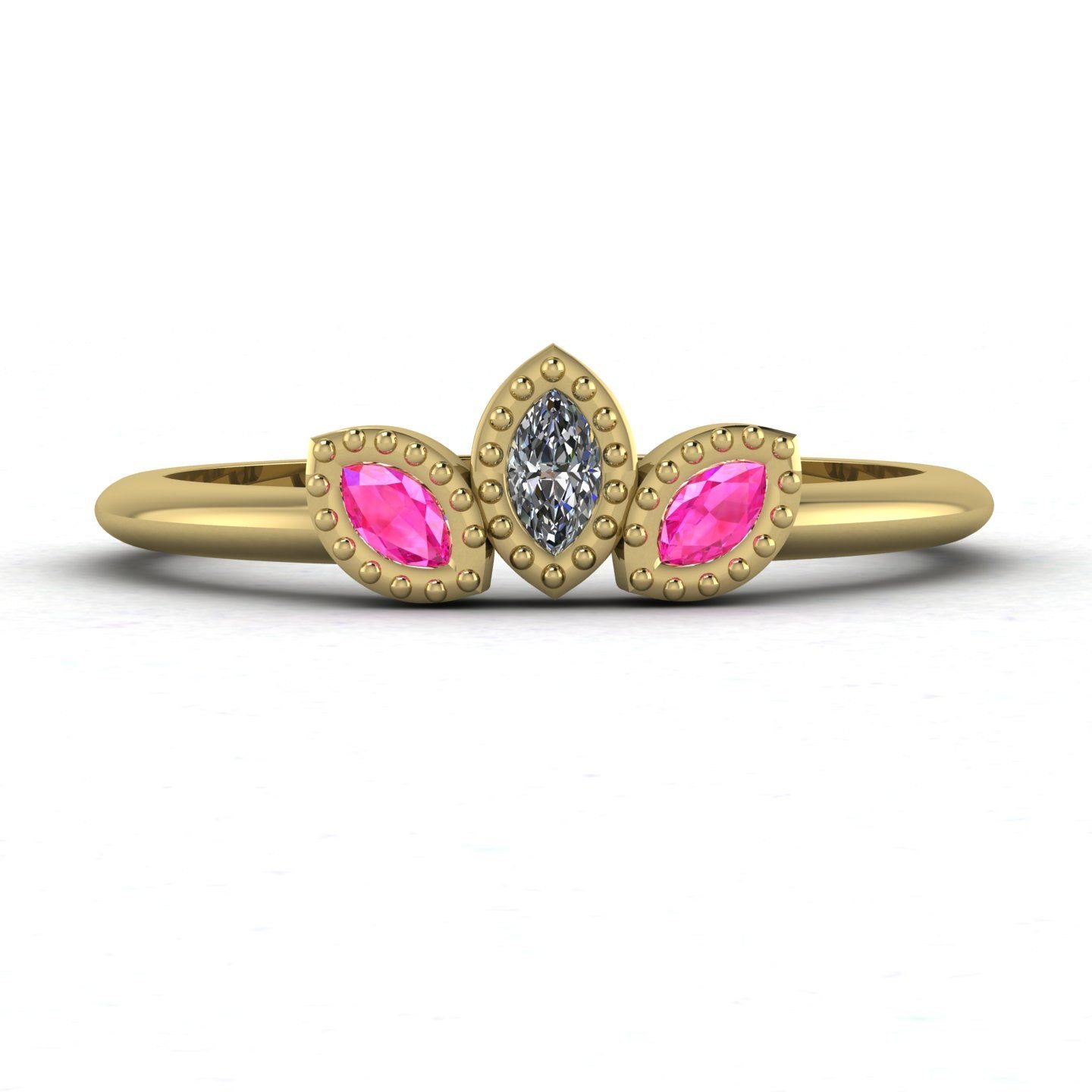 Front view of the Astraea Echo trilogy ring in 18ct yellow gold featuring a central diamond and two pink sapphire shoulders.