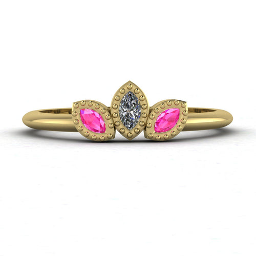 Front view of the Astraea Echo trilogy ring in 18ct yellow gold featuring a central diamond and two pink sapphire shoulders.