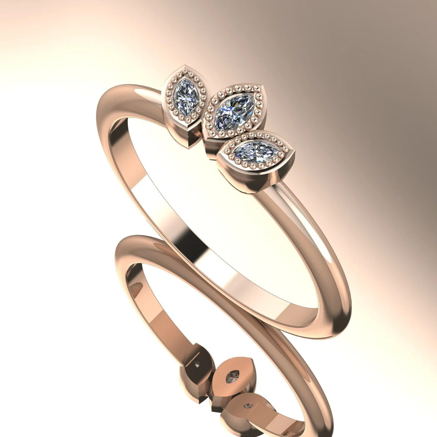 Side profile view of the Astraea Echo ring showing the beaded setting and architectural rose gold band.
