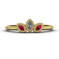 Front view of the Astraea Echo trilogy ring in 18ct yellow gold featuring a central diamond and two ruby shoulders.
