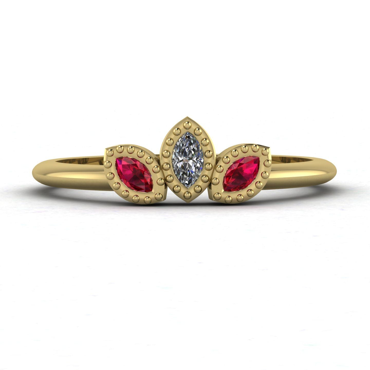 Front view of the Astraea Echo trilogy ring in 18ct yellow gold featuring a central diamond and two ruby shoulders.