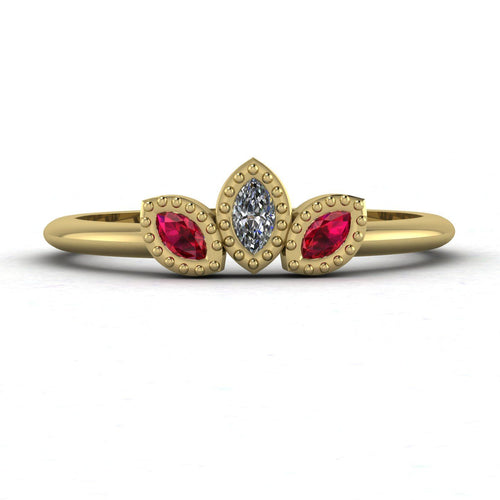 Front view of the Astraea Echo trilogy ring in 18ct yellow gold featuring a central diamond and two ruby shoulders.