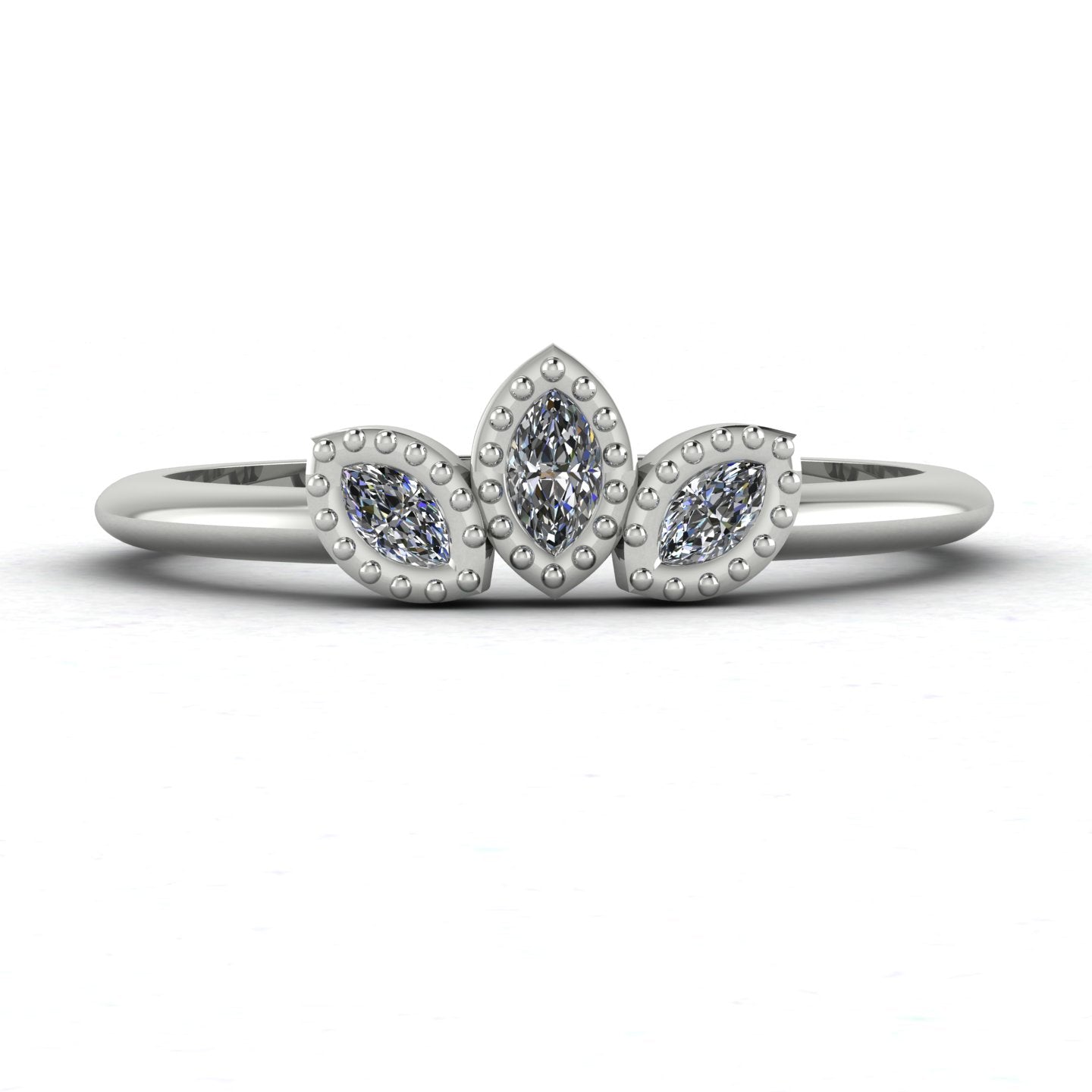 Front view of the Astraea Echo trilogy ring featuring a brilliant-cut diamond centre and marquise diamond shoulders in white gold or platinum.