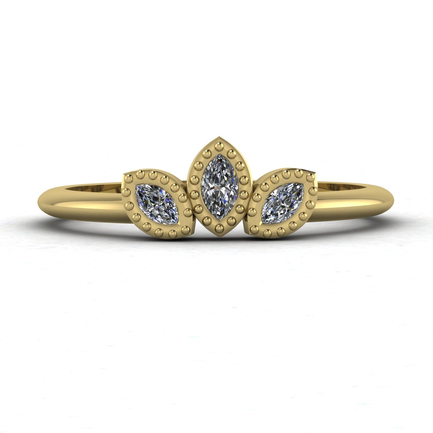 Front view of the Astraea Echo trilogy ring featuring a brilliant-cut diamond centre and marquise diamond shoulders in 18ct yellow gold.