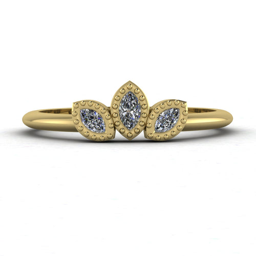 Front view of the Astraea Echo trilogy ring featuring a brilliant-cut diamond centre and marquise diamond shoulders in 18ct yellow gold.
