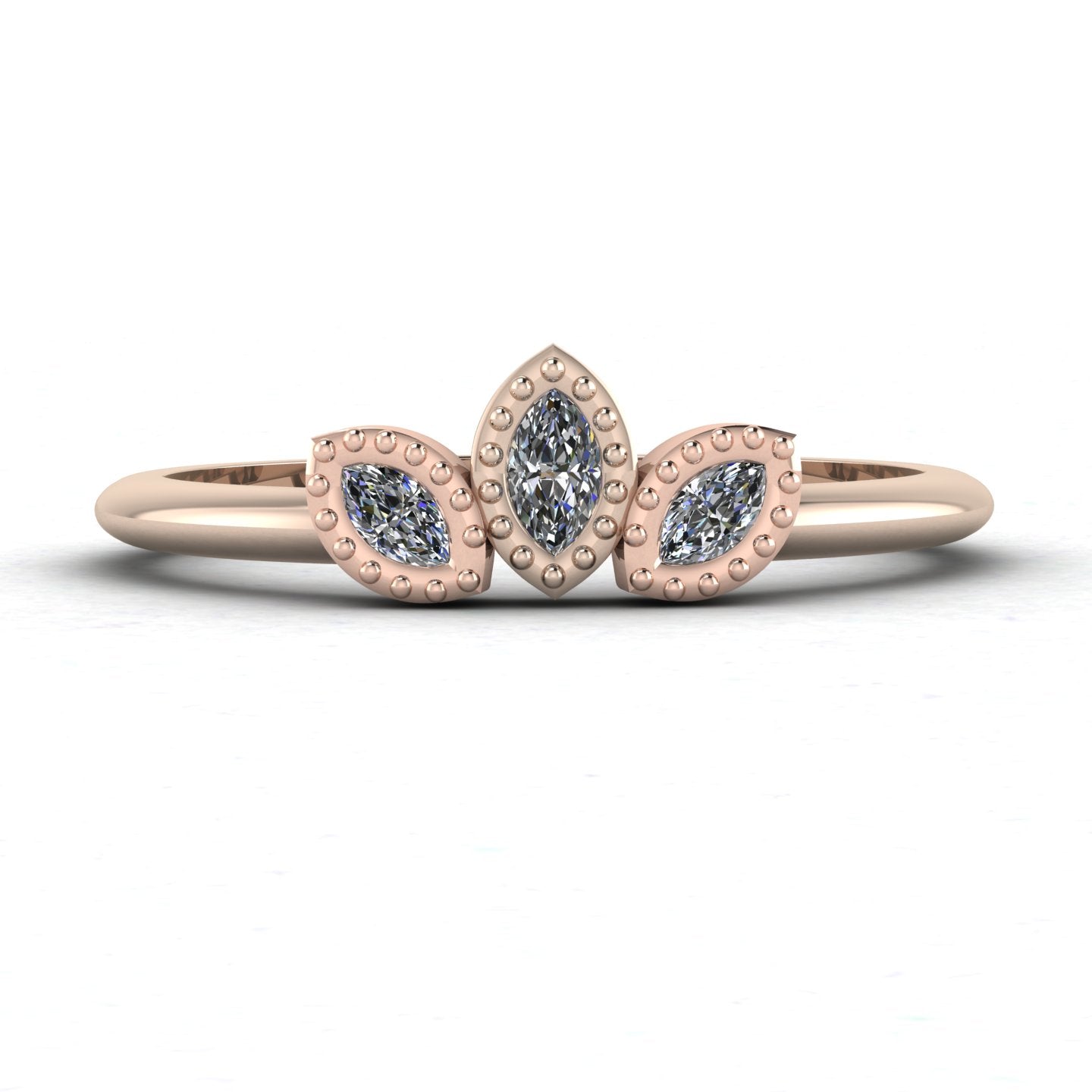 Front view of the Astraea Echo trilogy ring featuring a fanned trio of marquise diamonds in 18ct rose gold.
