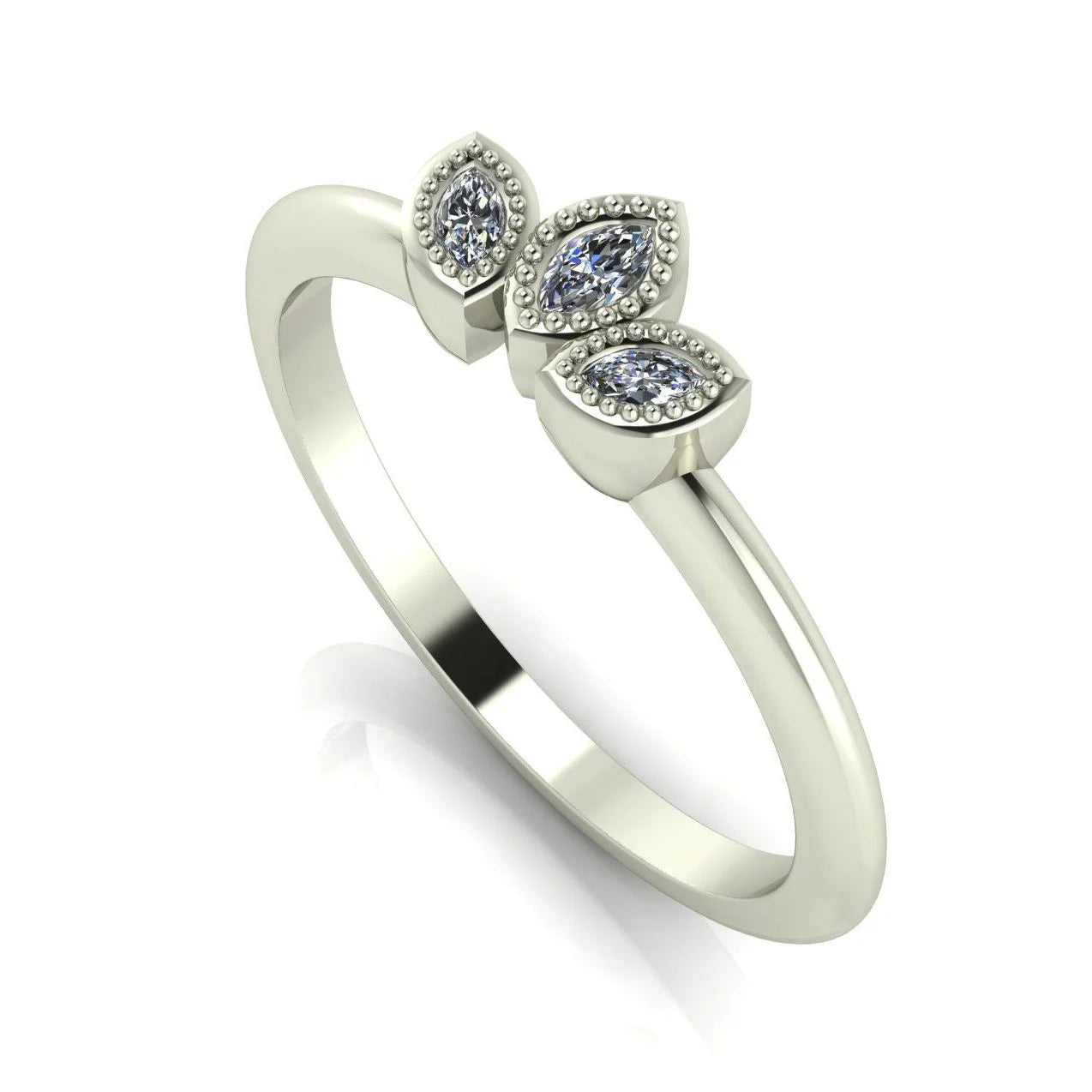 Side profile view of the Astraea Echo diamond ring showing the architectural white gold setting and the depth of the gemstones.