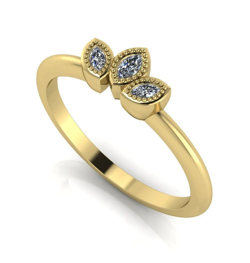 Side profile view of the Astraea Echo diamond ring showing the architectural yellow gold setting and the depth of the gemstones.