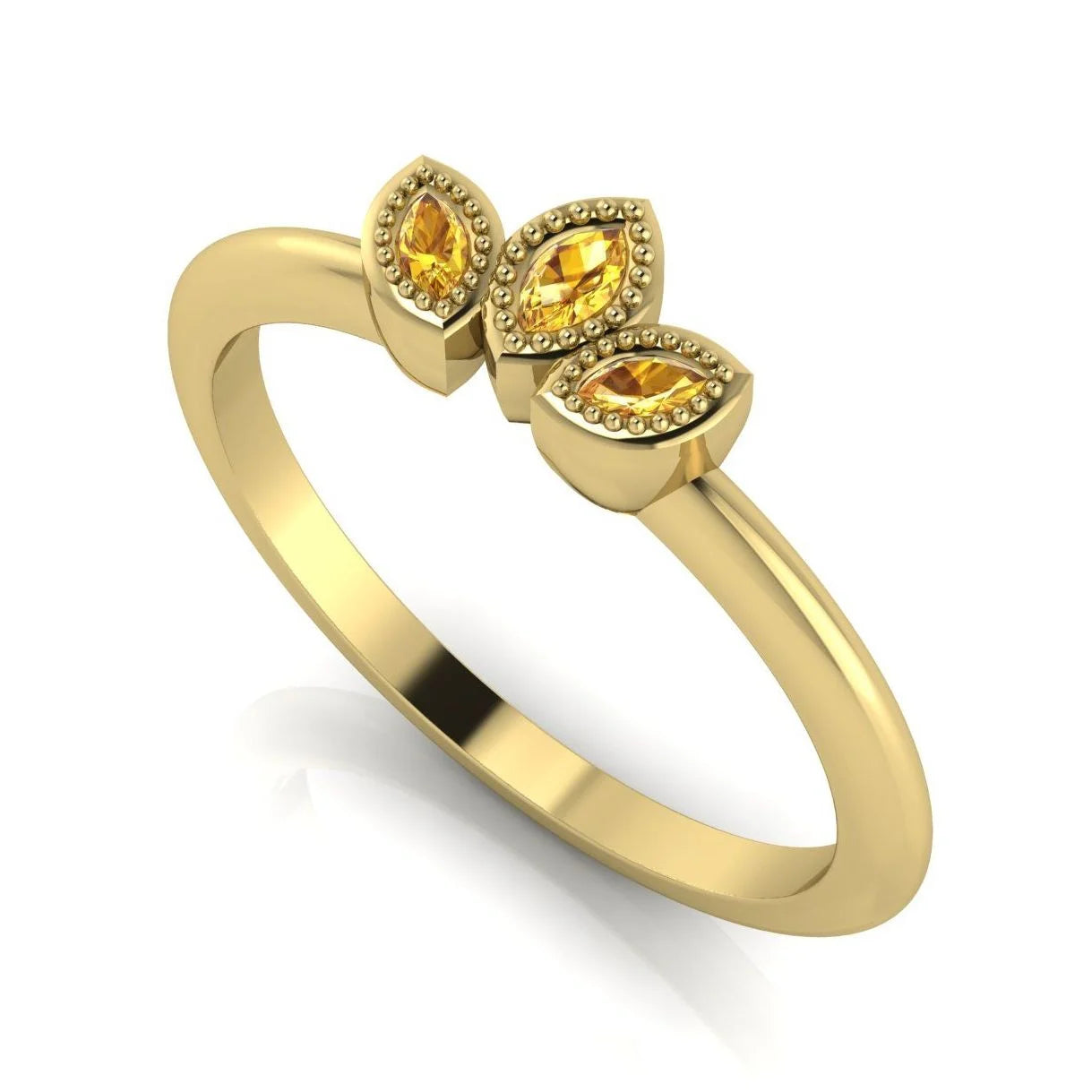 Side profile view of the Astraea Echo yellow sapphire ring showing the architectural yellow gold setting and the depth of the gemstones.