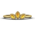 Front view of the Astraea Echo trilogy ring featuring a yellow sapphire centre and yellow sapphire marquise fan pattern in 18ct yellow gold.
