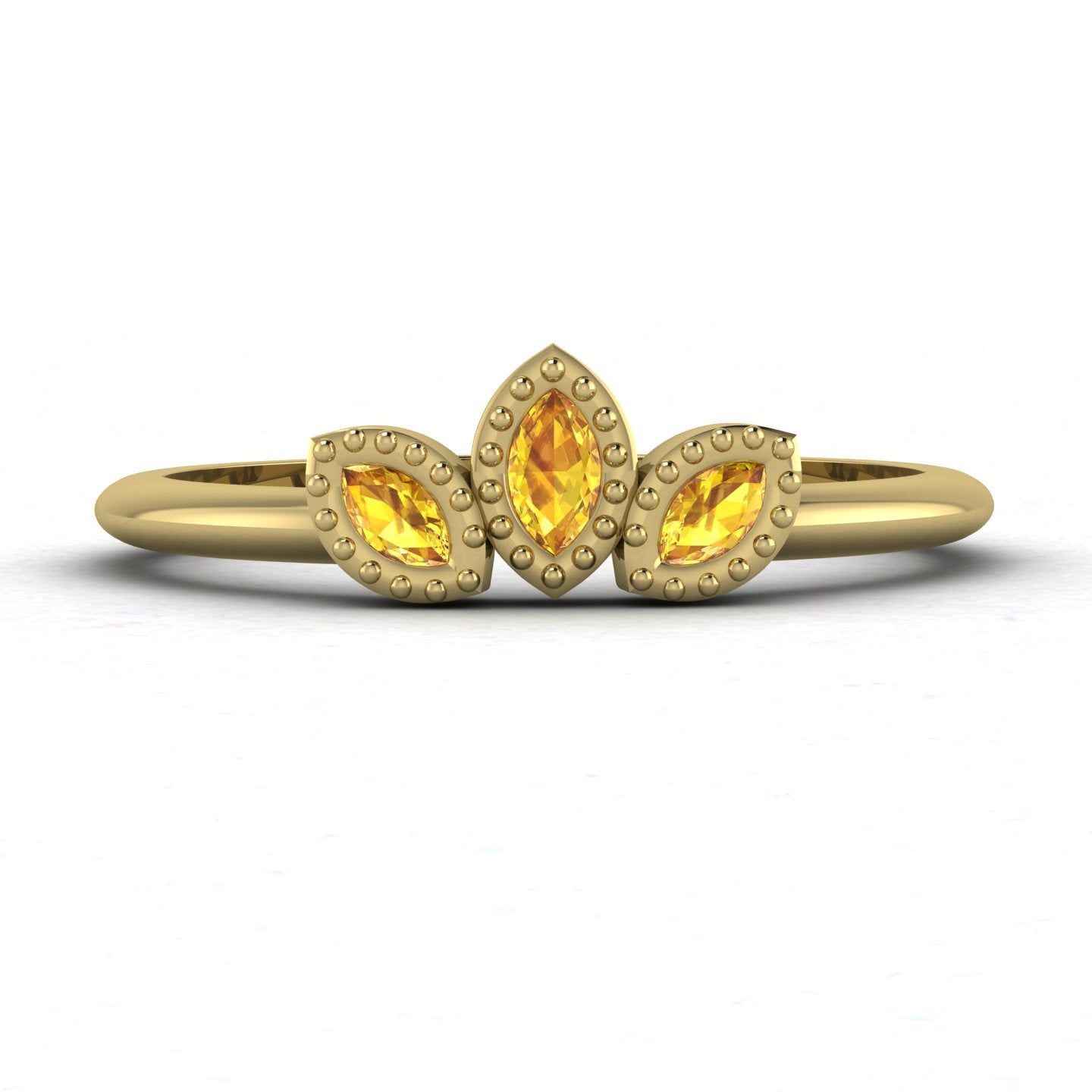 Front view of the Astraea Echo trilogy ring featuring a yellow sapphire centre and yellow sapphire marquise fan pattern in 18ct yellow gold.