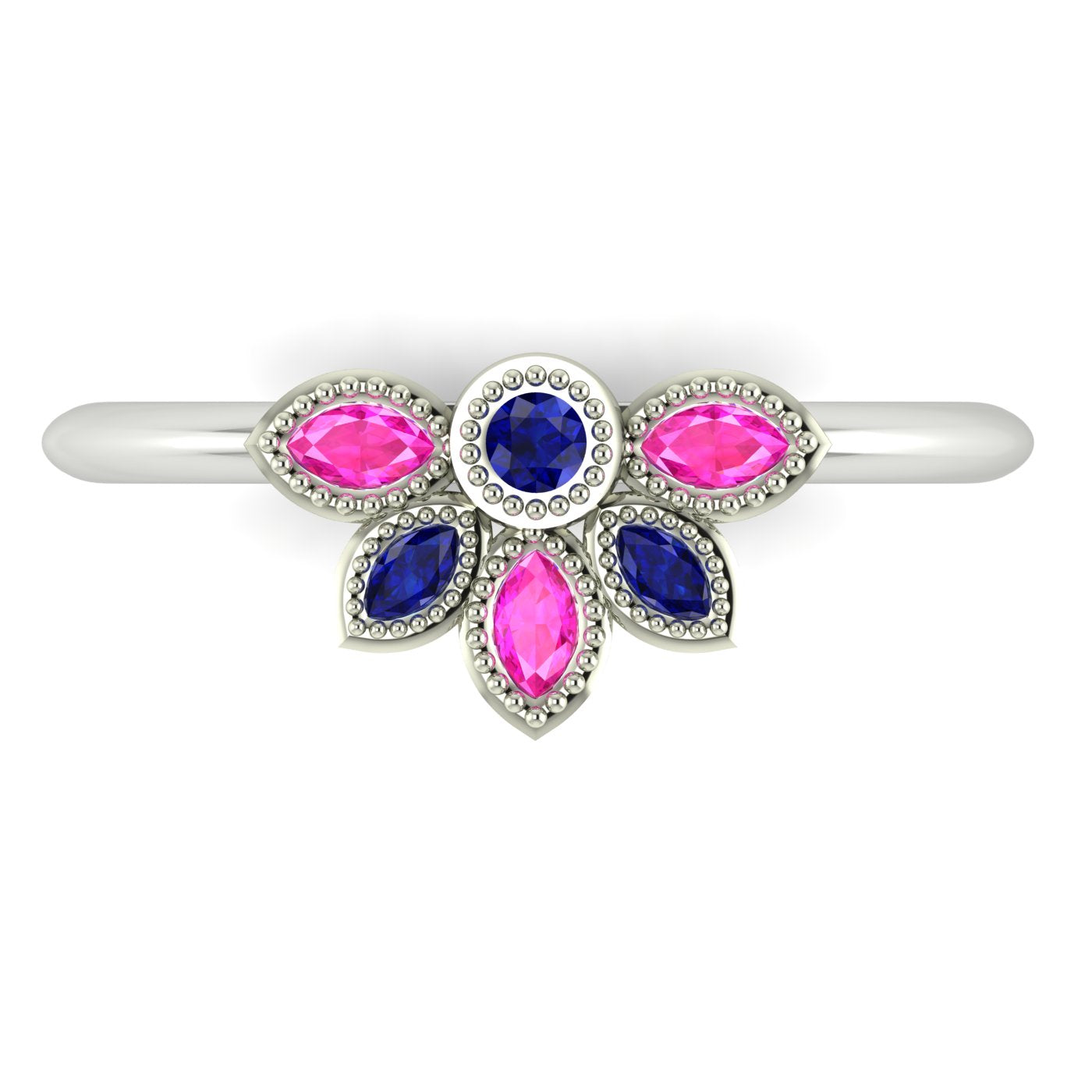 Top view of Astraea Liberty ring featuring a central blue sapphire surrounded by pink and blue marquise sapphires in 18ct white gold.