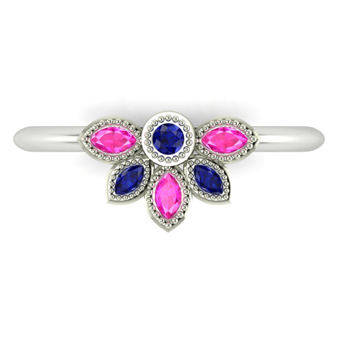 Top view of Astraea Liberty ring featuring a central blue sapphire surrounded by pink and blue marquise sapphires in 18ct white gold.