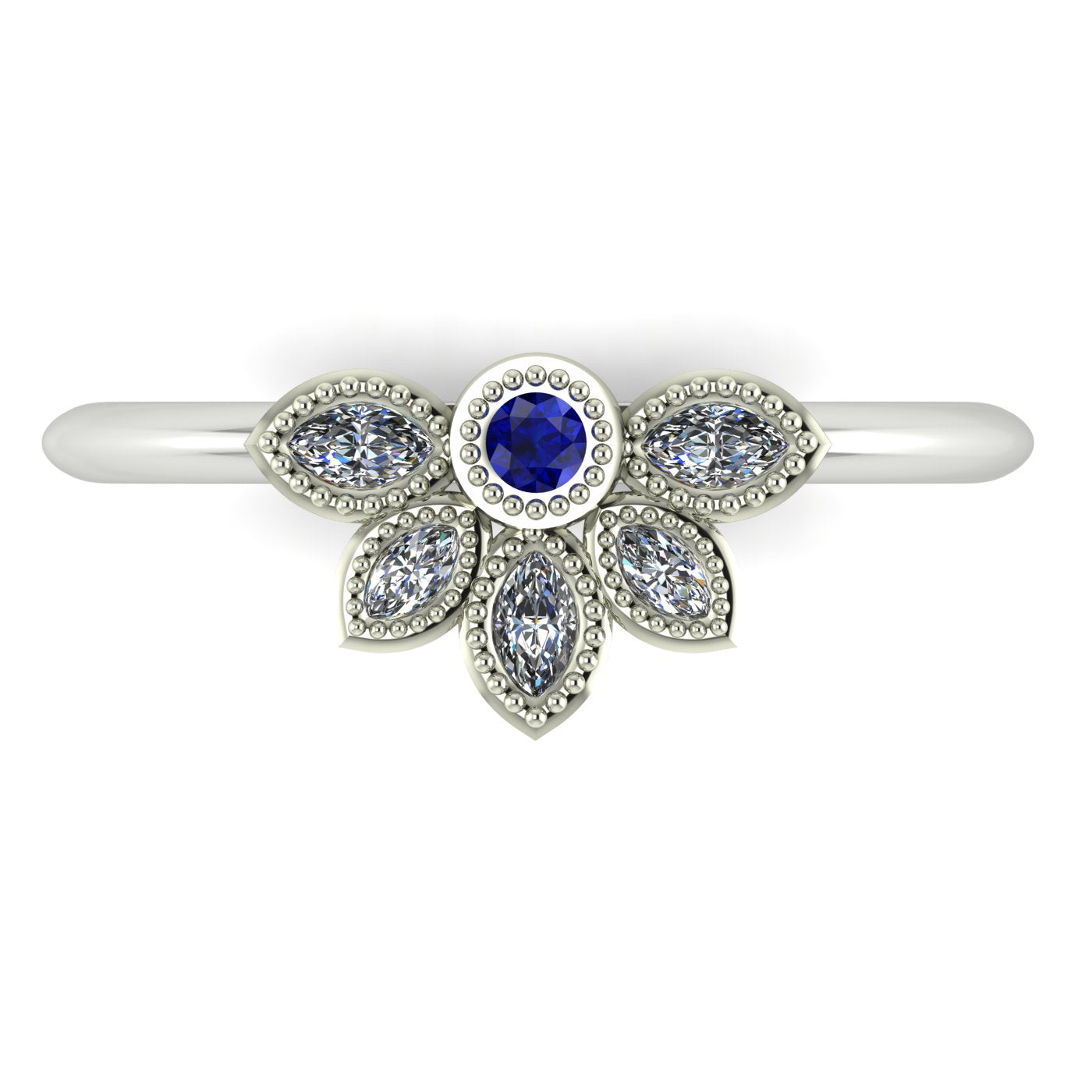 Top view of Astraea Liberty ring featuring a round blue sapphire centre surrounded by marquise diamonds in 18ct white gold or platinum