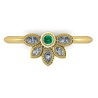Top view of Astraea Liberty 18ct yellow gold ring featuring a central round emerald and five marquise diamonds
