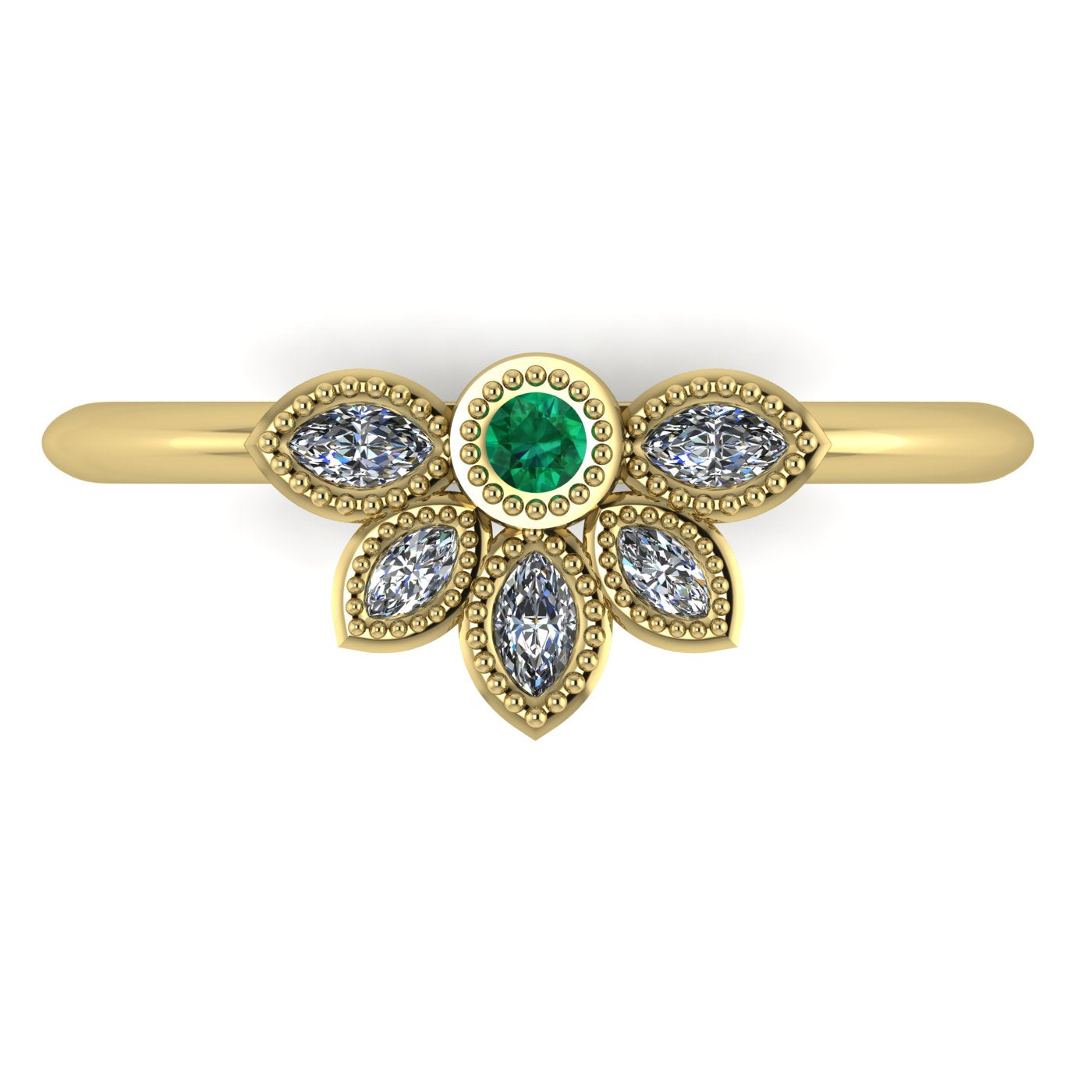 Top view of Astraea Liberty 18ct yellow gold ring featuring a central round emerald and five marquise diamonds