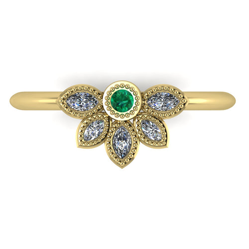 Top view of Astraea Liberty 18ct yellow gold ring featuring a central round emerald and five marquise diamonds