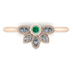 Top view of Astraea Liberty 18ct rose gold ring featuring a central round emerald and five marquise diamonds in a cluster.