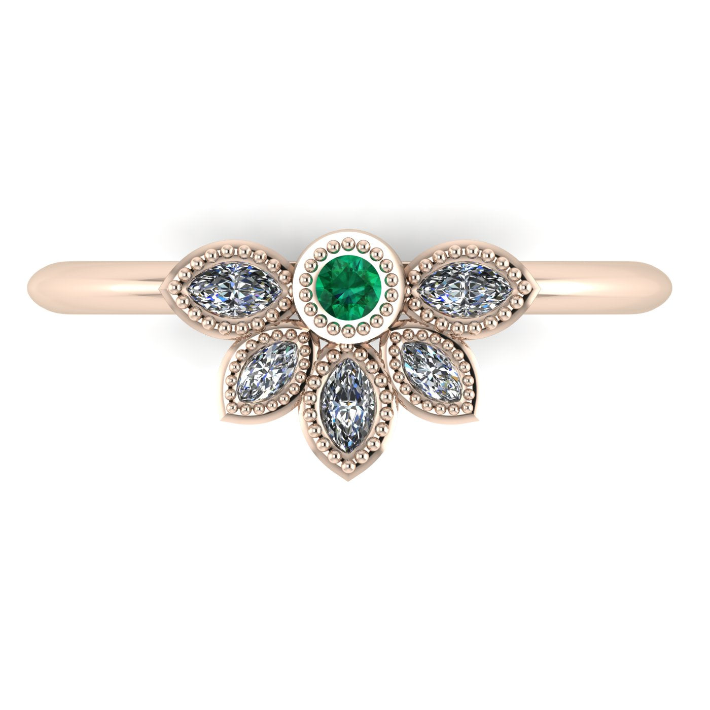 Top view of Astraea Liberty 18ct rose gold ring featuring a central round emerald and five marquise diamonds in a cluster.