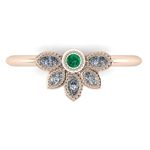 Top view of Astraea Liberty 18ct rose gold ring featuring a central round emerald and five marquise diamonds in a cluster.