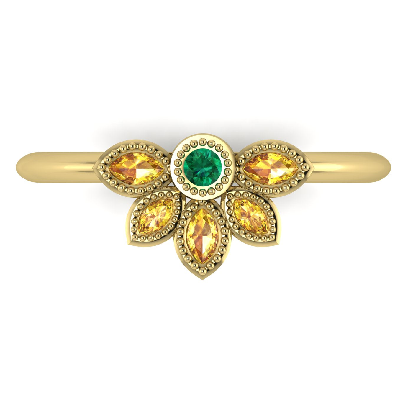Top view of Astraea Liberty gold ring with a central emerald and marquise yellow sapphires in a floral cluster.