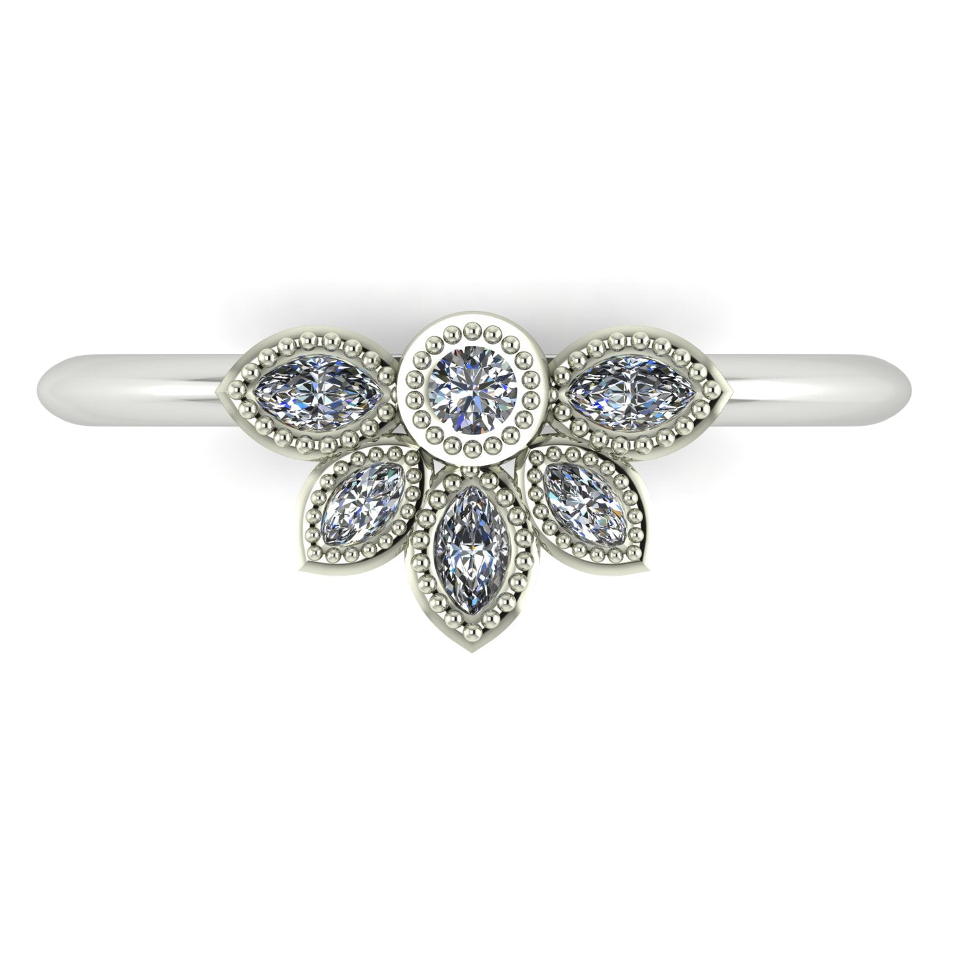 Top view of Astraea Liberty cluster statement ring with a round diamond centre and five marquise diamonds in 18ct white gold or platinum.