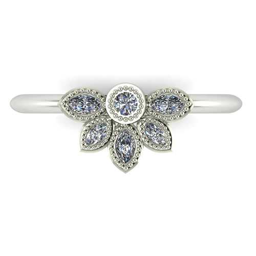 Top view of Astraea Liberty cluster statement ring with a round diamond centre and five marquise diamonds in 18ct white gold or platinum.