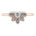 Top view of Astraea Liberty 18ct rose gold ring with a central round diamond and five marquise diamonds in a geometric cluster.