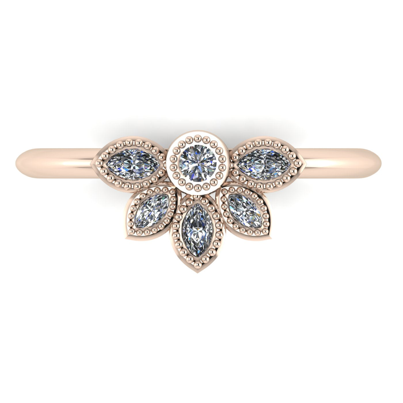 Top view of Astraea Liberty 18ct rose gold ring with a central round diamond and five marquise diamonds in a geometric cluster.