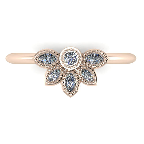 Top view of Astraea Liberty 18ct rose gold ring with a central round diamond and five marquise diamonds in a geometric cluster.