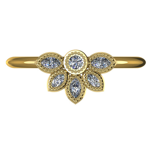 Top view of Astraea Liberty 18ct yellow gold ring featuring a central round diamond and a cluster of five marquise diamonds.