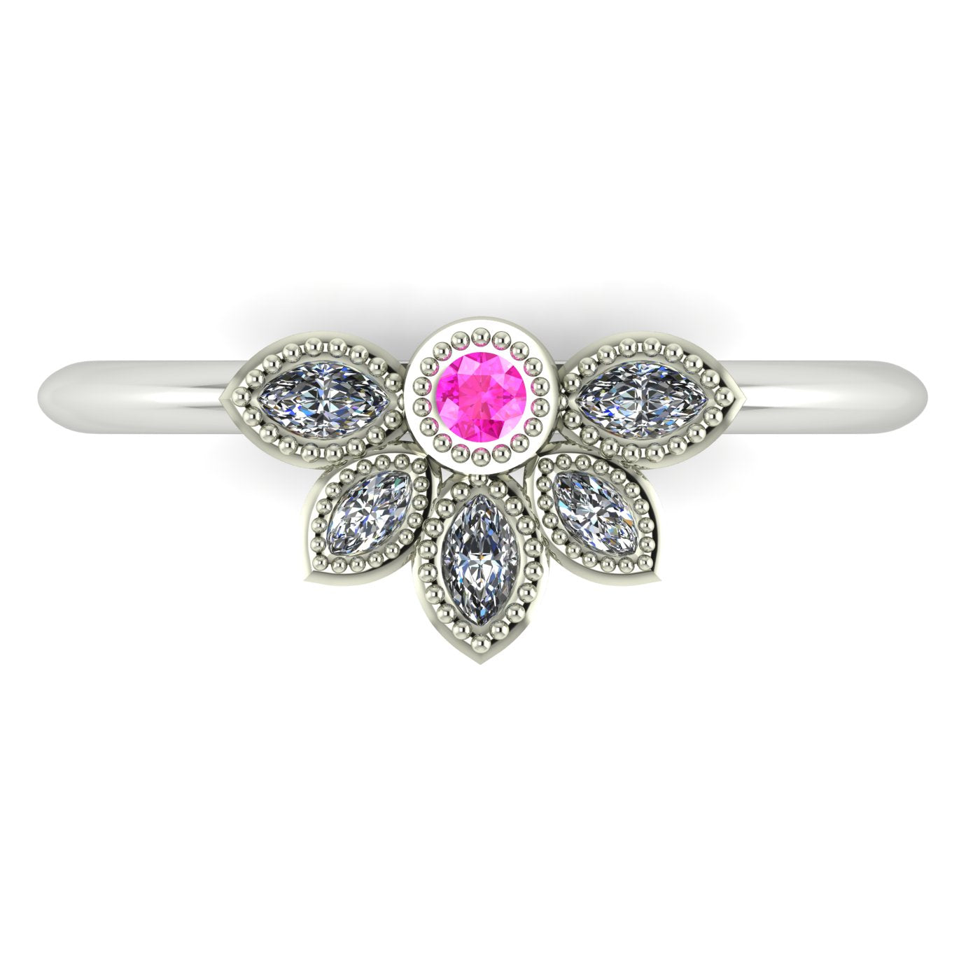 Top view of Astraea Liberty ring with a central pink sapphire and a cluster of five marquise diamonds in a white metal setting.