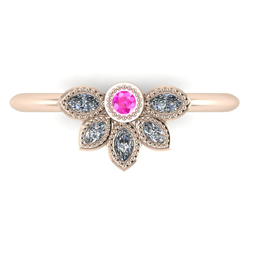 Top view of Astraea Liberty 18ct rose gold ring featuring a central round pink sapphire and five marquise diamonds in a cluster.