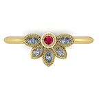 Overhead view of Astraea Liberty 18ct yellow gold ring featuring a central red ruby and five marquise diamonds.