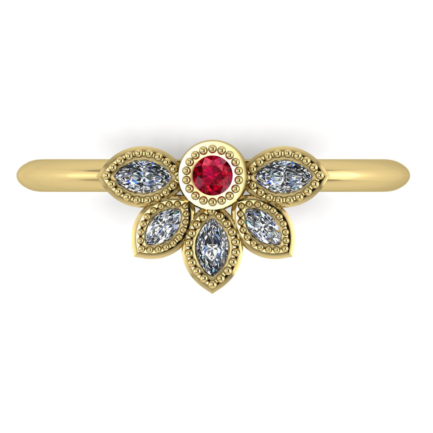 Overhead view of Astraea Liberty 18ct yellow gold ring featuring a central red ruby and five marquise diamonds.